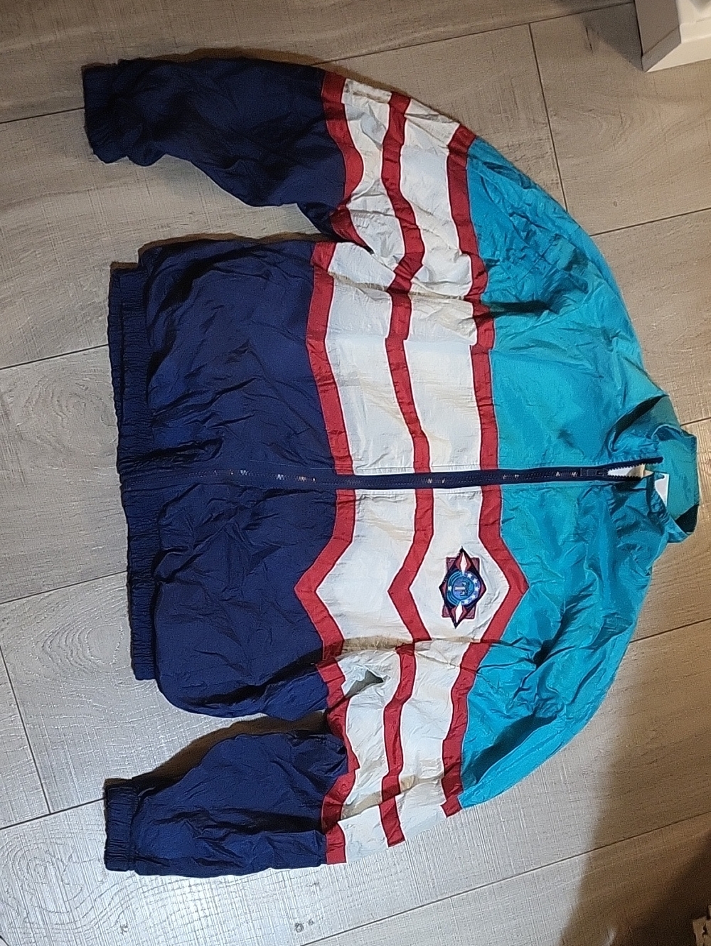 Retro Teal and Navy Colorblock Utility Jacket with Red & White Stripes